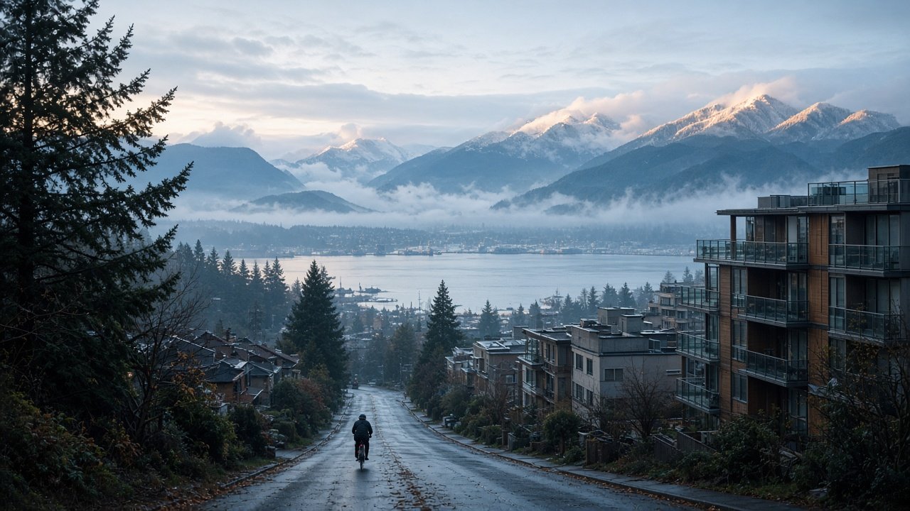 Une rue descend vers le port de Vancouver, avec les montagnes dans la brume du matin.