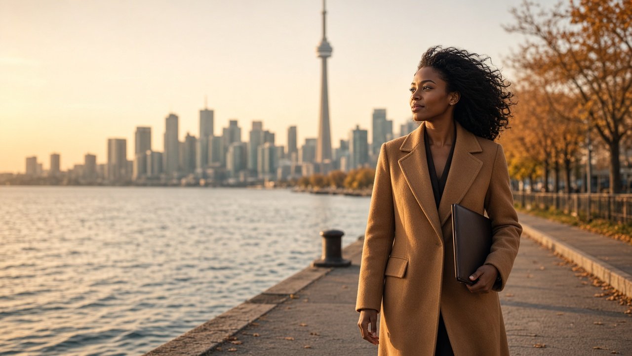 Une professionnelle marche au bord du lac, avec la tour du CN et le centre-ville de Toronto derrière elle.